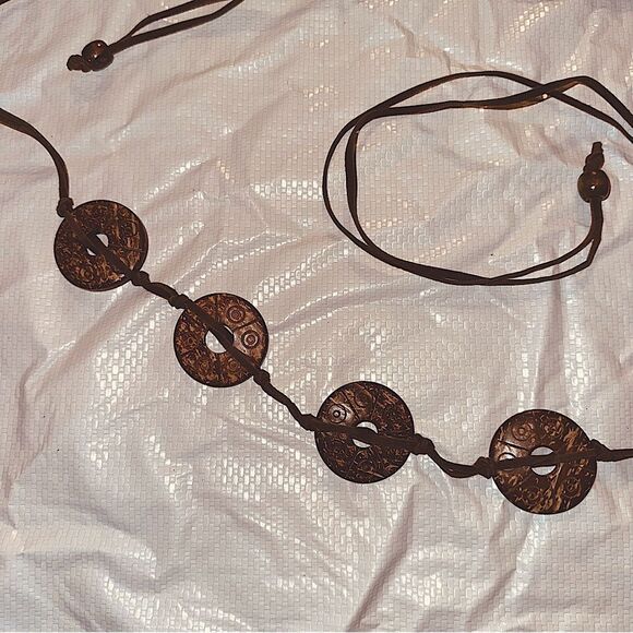 Southwestern Boho Brown Leather Wrap Belt with Decorative Coconut Shell Accents - Picture 9 of 13